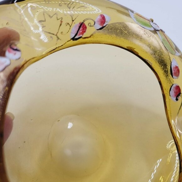 Vintage Amber Blown Glass Ashtray Hand Painted Flowers Gold Gilt Painting - Picture 10 of 10